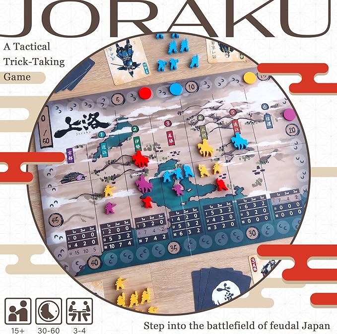 Joraku Deluxe Strategy Board Game 40 Wooden Samurai Meeples Area Control and Trick-Taking Mechanics for Strategy Game Enthusiasts 2-4 Players 20-40 Min