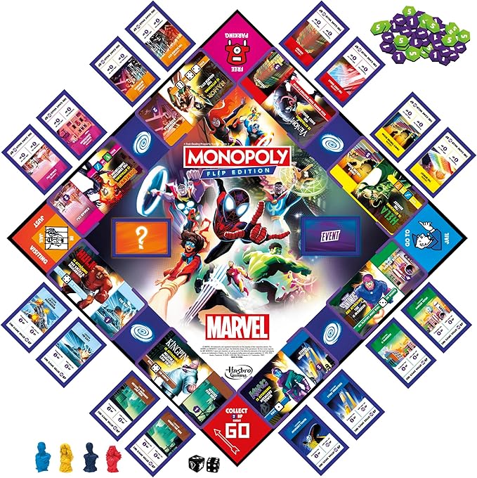 Monopoly Flip Edition: Marvel Board Game | Ages 8 and Up | 2 to 4 Players | Family Board Games for Kids Teens and Adults