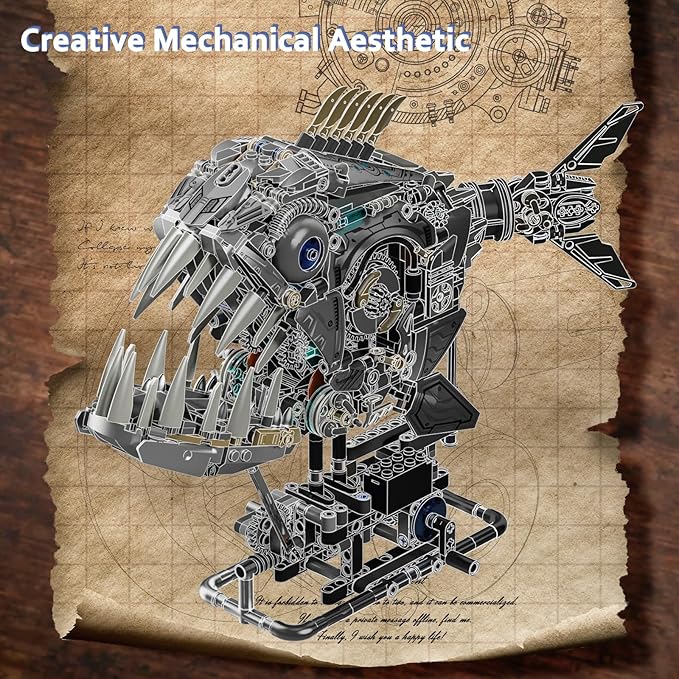 1085-PCS Mechanical Piranhas Fish Building Set with LED Light Movable Linkage Gears Display StandMechanical Fish
