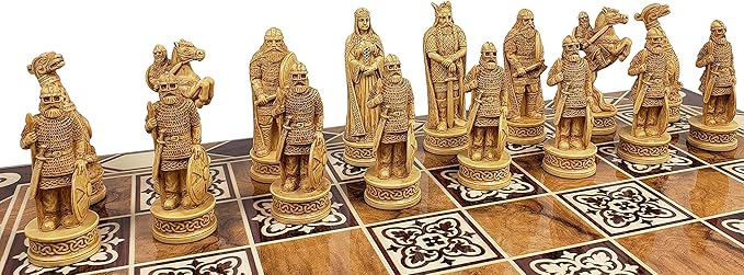 Antique Ivory &amp Brown Norse Viking Chess Set with 17 Burlwood Color Board