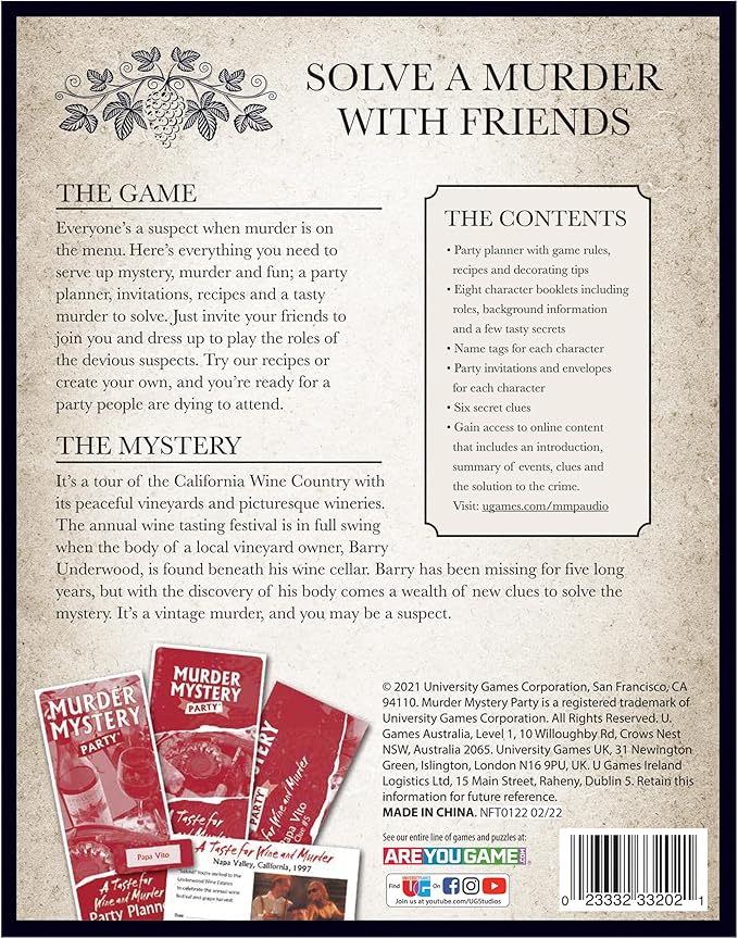 Murder Mystery Party A Taste for Wine &amp Murder – Murder Mystery Dinner Party Game for Adults – Interactive Crime Solving Role Play Game Night Kit with Invitations &amp Clues – Ages 16+