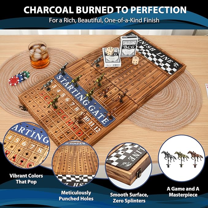 Horse Racing Board Game - 23x12 - Derby Classic Horse Race Game with 11 Metal Horses - Foldable Wood Horse Game with Dice Premium Chips &amp 2 Packs of Cards - Rustic Brown