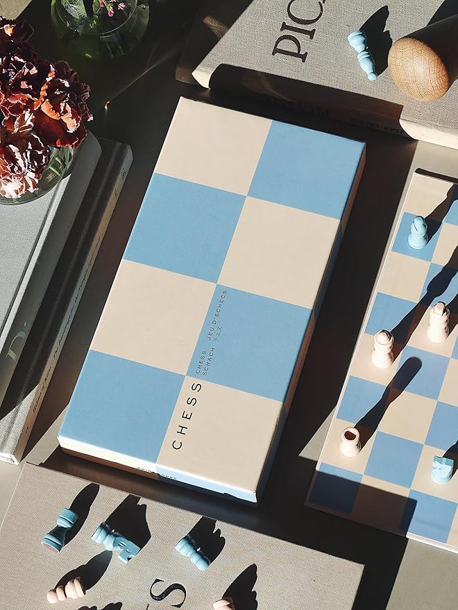Printworks Play Chess – Blue Wooden Chess Set with Foldable Cardboard Board – Fun Coffee Table Game for Adults – Multilingual Instructions Included