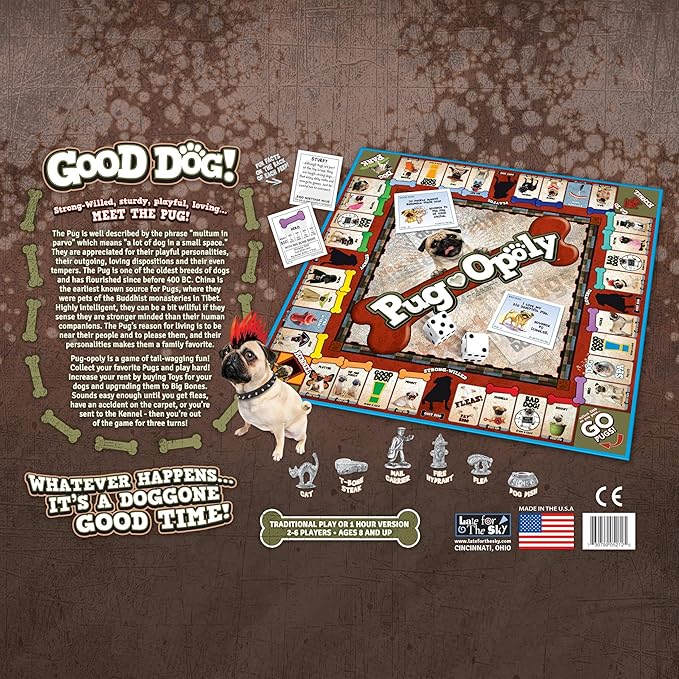 Late for The Sky Pug-Opoly Dog Board Game for Families &amp Adults – Pug Lovers Property Trading Game 2–6 Players Ages 8+ One-Hour or Full Play Fun Party Gift for Dog Owners