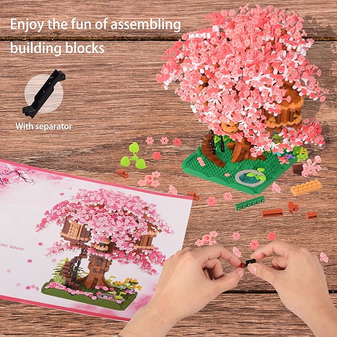 Cherry Blossom Tree Building Block Set Gift for Adults Girls Boys 14+ Cherry Bonsia Treehouse Micro Building Blocks Japanese Sakura Flowers House 2028PCS