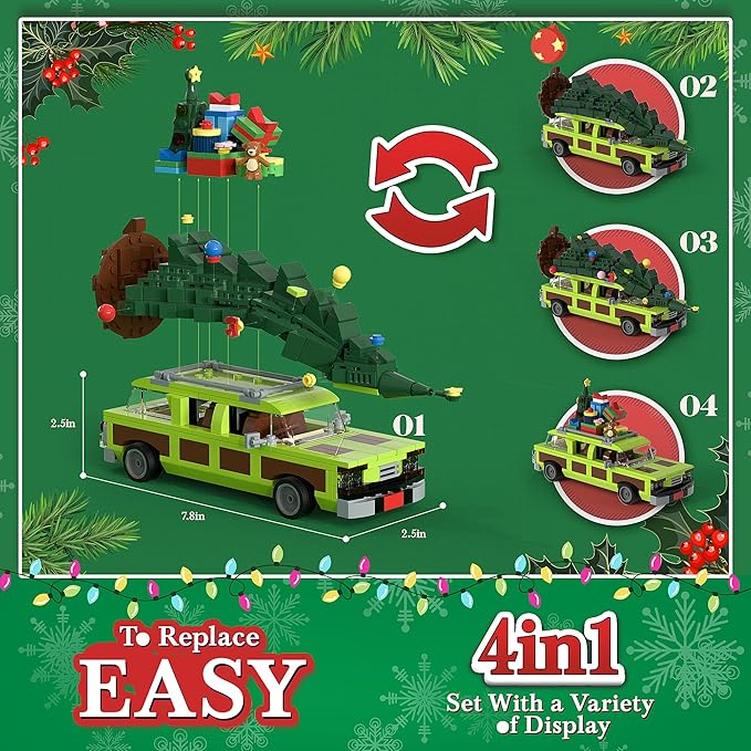 Christmas Village Movie Building Toy Set 4 in1 Station Wagon with Family Christmas Tree Building Kit Christmas Decorations Compatible with Lego Gifts for Movie Fans Adults Boys and Kids 2025