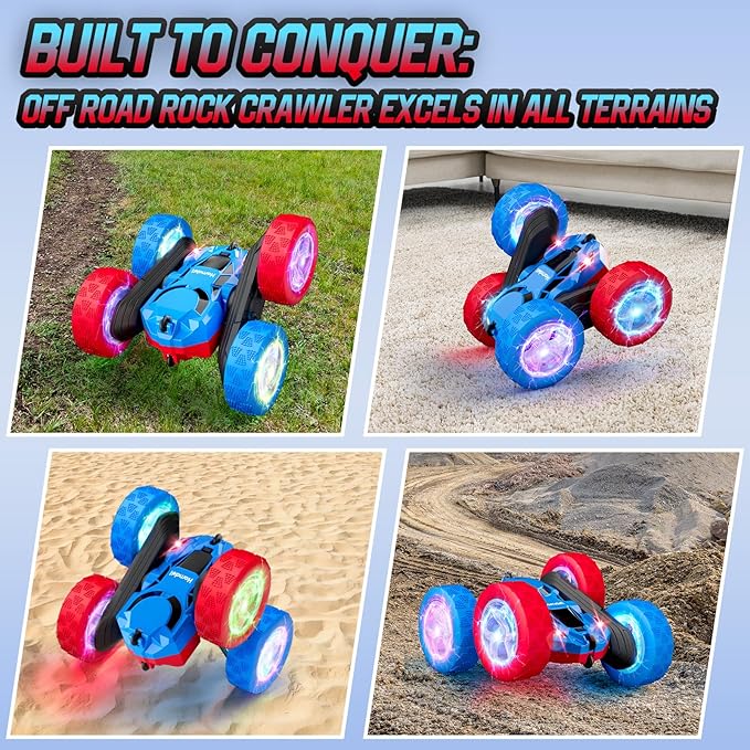 Remote Control RC Car for Kids 6-12 High-Speed 4WD Stunt Car with LED Lights &amp 360° Rotation 2.4GHz Off-Road Vehicle Toy with Rechargeable Battery Cool Valentines and Birthday Gift for Boys