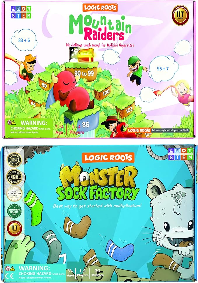 Two Math Games for Kids - Learn Addition Subtraction and Multiplication Table | Educational Games for Kids 5 and up for Kids (Monster Sock Factory + Moutain Raiders)