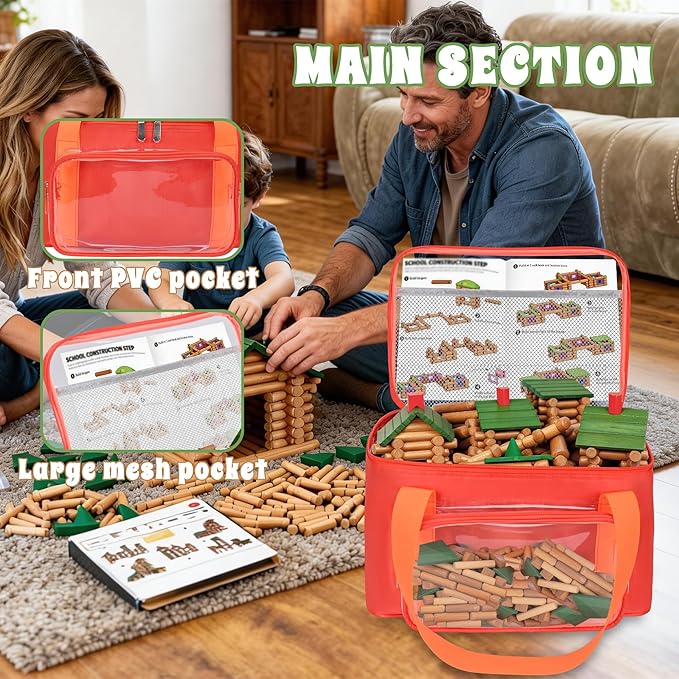 4 Pack Wooden Building Blocks Storage Bags Compatible with Wondertoys 530 Pcs Wooden Logs Set Toy Organizer with Clear PVC Window Mesh Pocket &amp Handles for Wooden Logs Blocks &amp Accessories