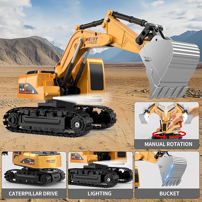 Remote Control Excavator and Dump Truck Toy Set - RC Construction Vehicles Toy with Barricades Road Signs Simulated Rocks Lights and Sounds Birthday Gifts for Toddlers 3-12 year Boys Girls