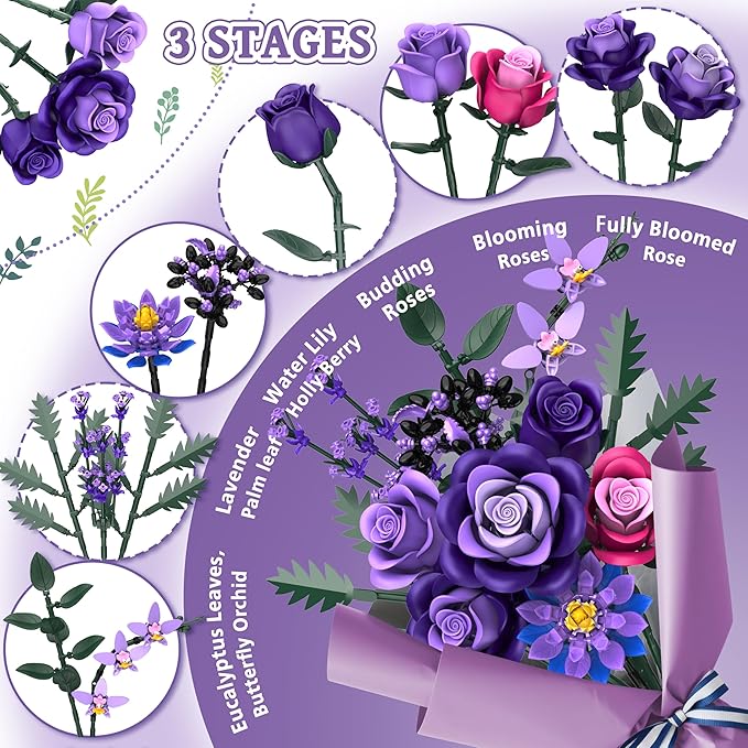 Purple Roses Flower Bouquet Building Sets 834PCS Artificial Flowers Botanical Collection Compatible with Lego Flowers for Adults Gothic Decor Valentines Day Gifts for Her Women Wife Girlfriend Mom