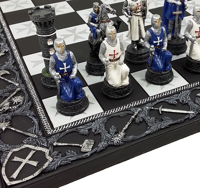 HPL Medieval Times Crusades Blue and White Armored Maltese Knights Chess Set with 17 Board
