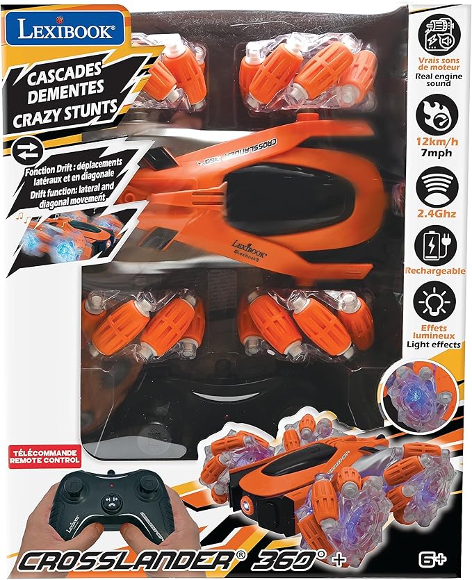 LEXiBOOK - Crosslander Glow-in-The-Dark Radio Control car Remote Control Rechargeable Electronic Action Game Orange/Black RC21