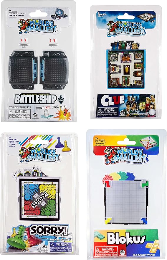 Worlds Smallest Board Games Set of 4 - Clue Sorry Battleship Blokus (Bundle)