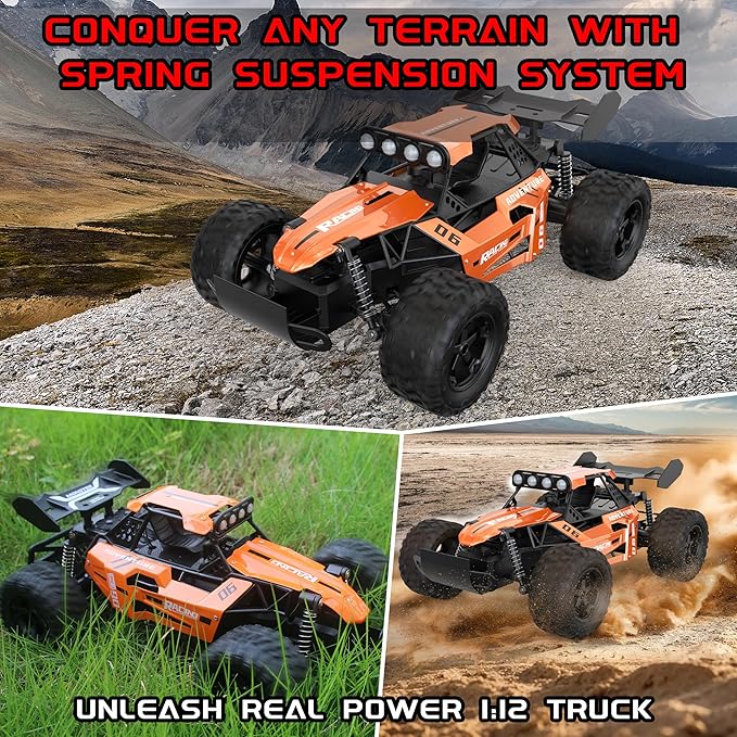 RC Monster Truck for Kids Ages 4–8 1:12 Remote Control Car with Alloy Shell 15.5 MPH (25KM/H) Fast Off Road Orange RC Car with 2 Speed Modes &amp LED Lights 2.4GHz Easy Control Toy Gift for Boys