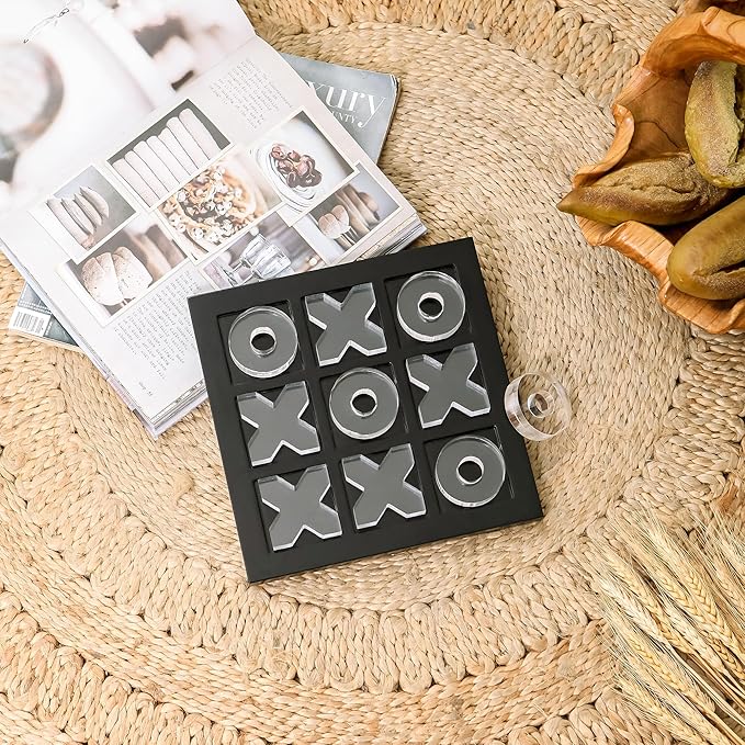 NIKKY HOME Acrylic Tic Tac Toe Wood Board Game Classic Coffee Table Decor Decorative Wooden Travel Game for Family Black