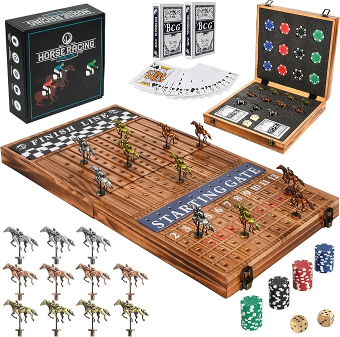 Horse Racing Board Game - 23x12 - Derby Classic Horse Race Game with 11 Metal Horses - Foldable Wood Horse Game with Dice Premium Chips &amp 2 Packs of Cards - Rustic Brown