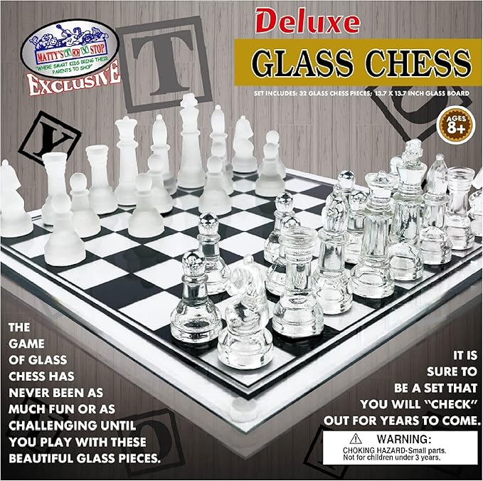 Matty's Toy Stop Deluxe Frosted &amp Clear Glass Chess Set (14) Large