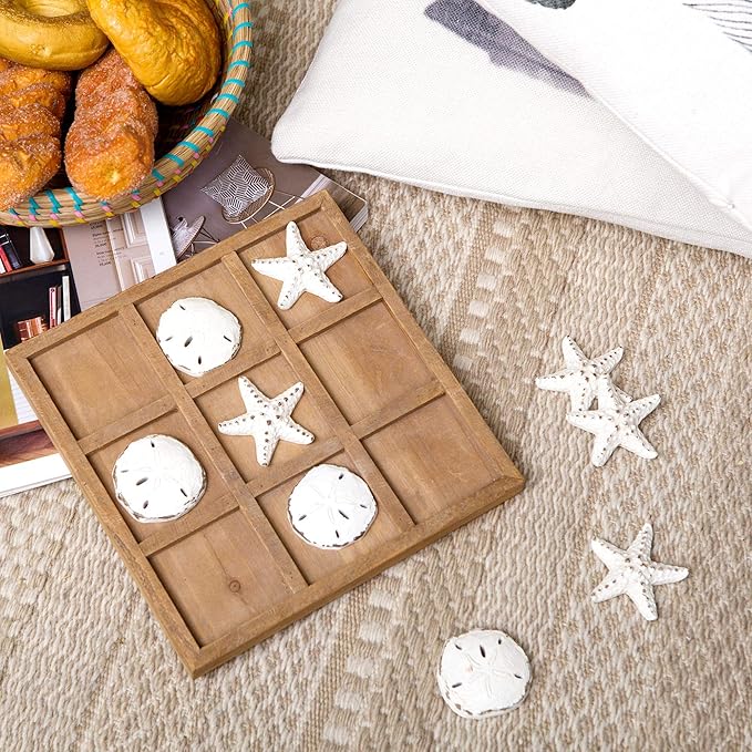NIKKY HOME Beach Tic Tac Toe for Fun Starfish Sand Dollar Coastal House Coffee Table Decor Wood Board Travel Game 8.97 by 8.97-in Distressed White