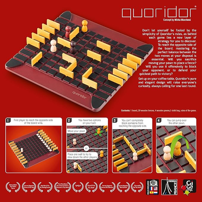 Quoridor - Over 1 Million Sold! Mensa Select Winner | Wooden Abstract Strategy Game for Adults and Families | Ages 8+ | 2 to 4 Players | 1 Minute to Learn 15 Minutes to Play