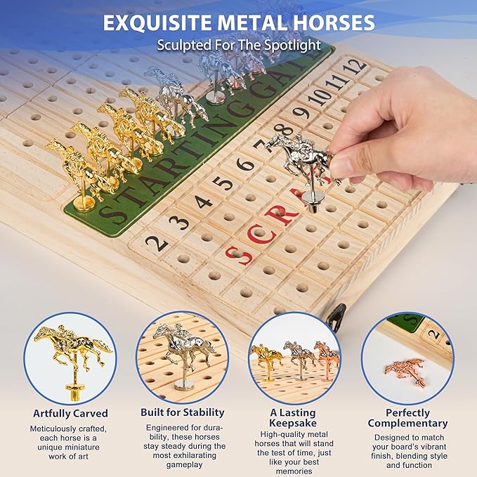 Horse Racing Board Game - 23x12 - Derby Classic Horse Race Game with 11 Metal Horses - Foldable Wood Horse Game with Dice Premium Chips &amp 2 Packs of Cards - Natural Wood