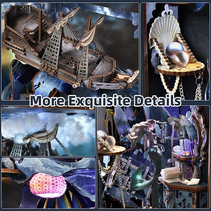 Book Nook Kit 3D Wooden Puzzle for Adults Teen DIY Ocean Miniature Dollhouse Booknook Kit with Led Light and Dust Cover (Song of The Sirens)
