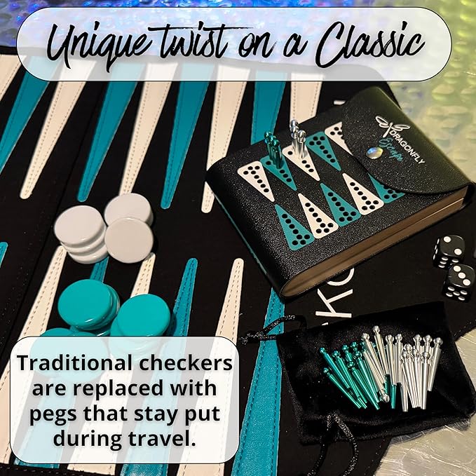 Folding Travel Backgammon Set | Pocket Backgammon Game – Folding PU Leather Board with Pegs Dice Doubling Cube &amp Drawstring Bag – Great for Flights Beach Camping