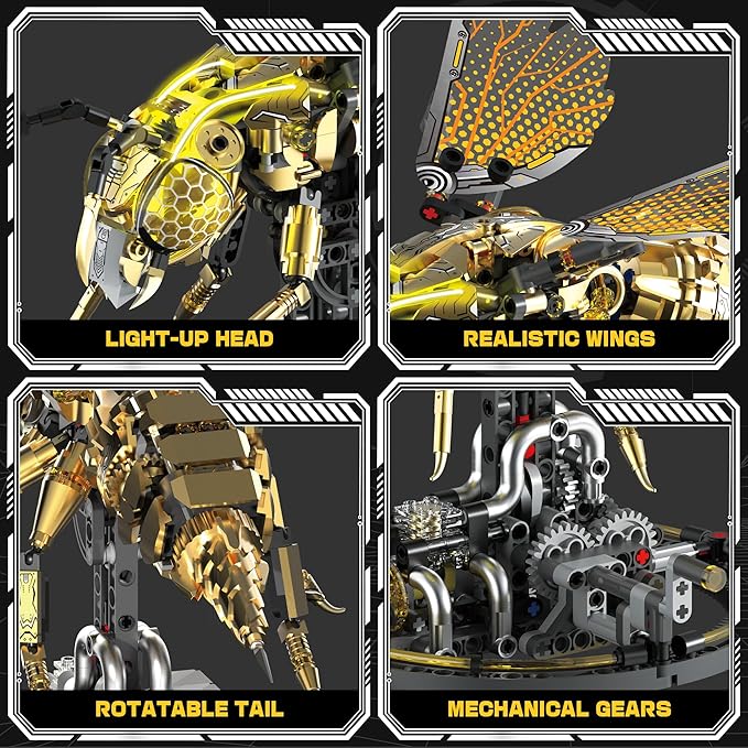 Mechanical Bee Building Set for Adults Technic Animal Building Block Insect Model with Lights &amp Moving Wings Golden Robot Bee Collectible Toy Kit Creative Display &amp Gift Idea 832Pcs