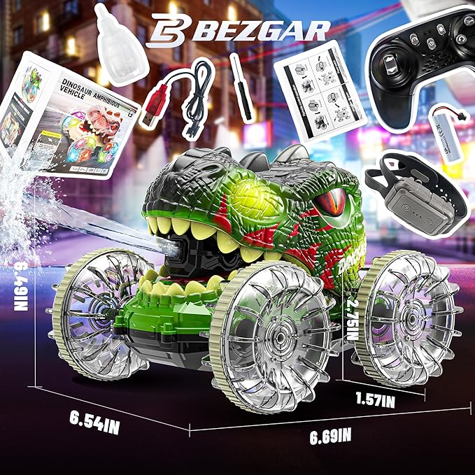 BEZGAR Monster Truck Toys - Dinosaur Toys with LightHand Gesture Sensing RC Cars for Water &amp Land with Water Gun Monster Truck with 360° Spins and Drifting Remote Control Car for Boys 4-7
