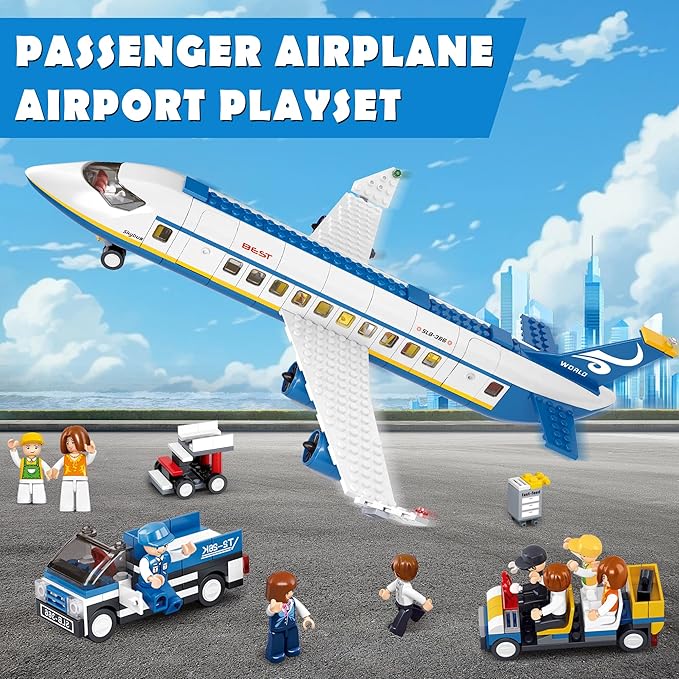 City Passenger Airplane Building Set 4 in 1 STEM Toy with a Large Plane Passenger Bus Luggage Truck Container Loader and 7 Minifigures Compatible with Lego Plane Airport Gift for Boy 6-12