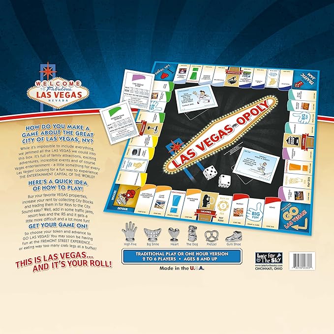 Late for The Sky Las Vegas-Opoly Property Trading Board Game – Vegas Theme Family Party Game for 2-6 Players Ages 8+ Tokens Dice Cards City Blocks and Keys to The City