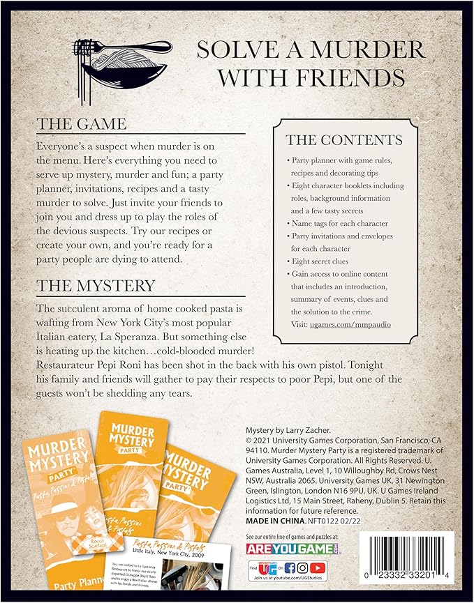 Murder Mystery Party Pasta Passion &amp Pistols – Murder Mystery Dinner Party Game for Adults – Interactive Crime Solving Role Play Game Night Kit with Invitations &amp Clues – Ages 18+