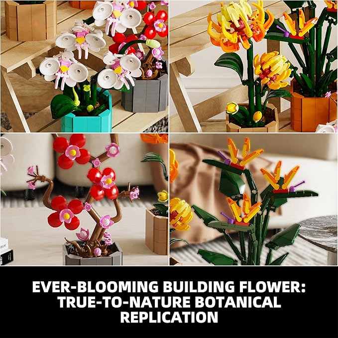 Flower Bouquet Building Blocks 4 Set Artificial Flowers Toys Botanical Collection DIY Unique Home&ampOffice Bonsai Decoration Adults Teen Girls for Birthday