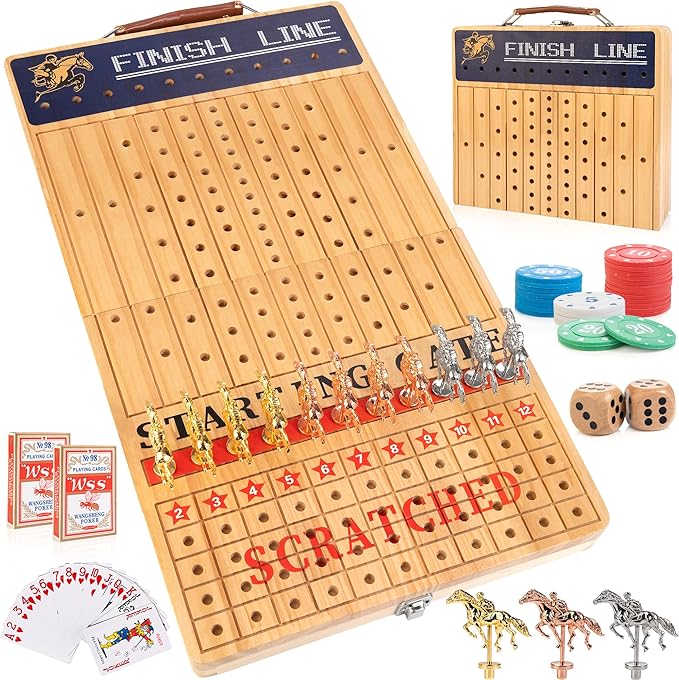 Bravmate Large 21 Inches Horse Race Board Game Solid Wood Foldable Horse Racing Game with 11 Luxury Metal Horses 2 Wooden Dice 2 Boxes of Cards 80 Chips for Parties