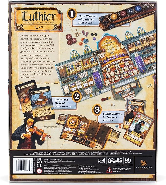 Luthier: The Art of The Instrument - Classical Music and History Themed Euro Board Game Bidding &amp Worker Placement 1 to 4 Players Ages 14 and up