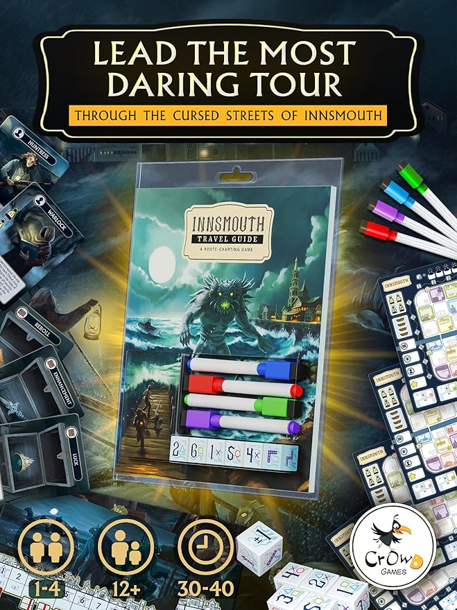 CrowD Games | Innsmouth Travel Guide | 1-4 Players | Ages 14 and up | Roll and Write | Tourism | Route Building | Lovecraft | Solo Mode Included | Average Playtime 30 min