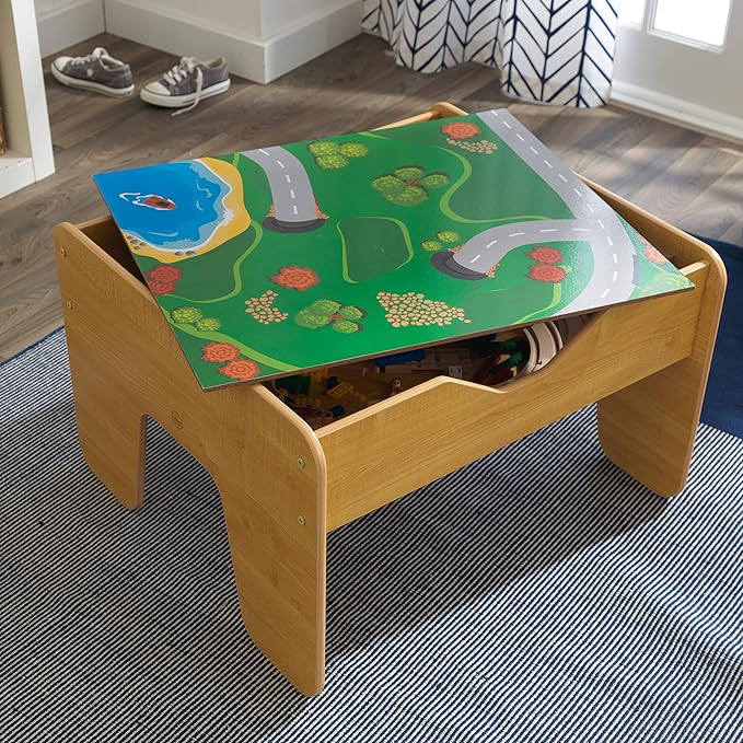 KidKraft 2-in-1 Reversible Top Activity Table with 200 Building Bricks and 30-Piece Wooden Train Set Natural Gift for Ages 3+