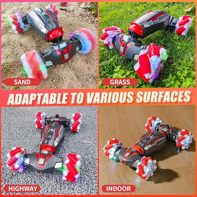 4WD Stunt Car 2.4 GHz Gesture Sensor RC Cars Double-Sided Vehicle 360° Flip RC Twist Buggy with Music Spray - Best Christmas and Birthday Present for Boys and Girls Aged 6-12 (Red)