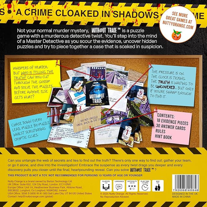 Without Trace - Escape Room Strategy Puzzle Board Game. Immersive Detective Investigation Murder Mystery True Crime Challenge for Adults Teens Couples Date Nights or Solo. 1-4 Players.