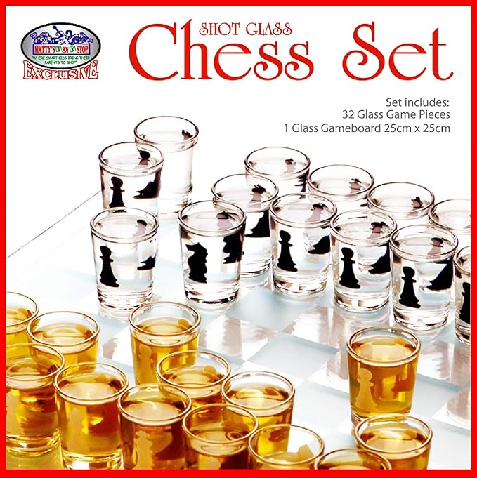 Matty's Toy Stop Small Shot Glass Chess Set Drinking Game Set (10 x 10) with Plastic Shot Glasses (1.5) and Glass Game Board - Drunken Chess