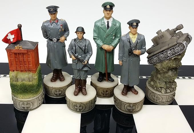 HPL World War 2 US vs Germany Chess Set Hand Painted W/High Gloss Black &amp White Board WW2