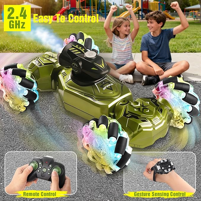 Gesture Sensing Remote Control Car RC Cars Toys for Boys Age 6-12 4WD Hand Controlled Twist &amp Transform 360° Spins Stunt Car with Mist Light &amp Music 8-10 Year Old Boys Birthday Gift Green