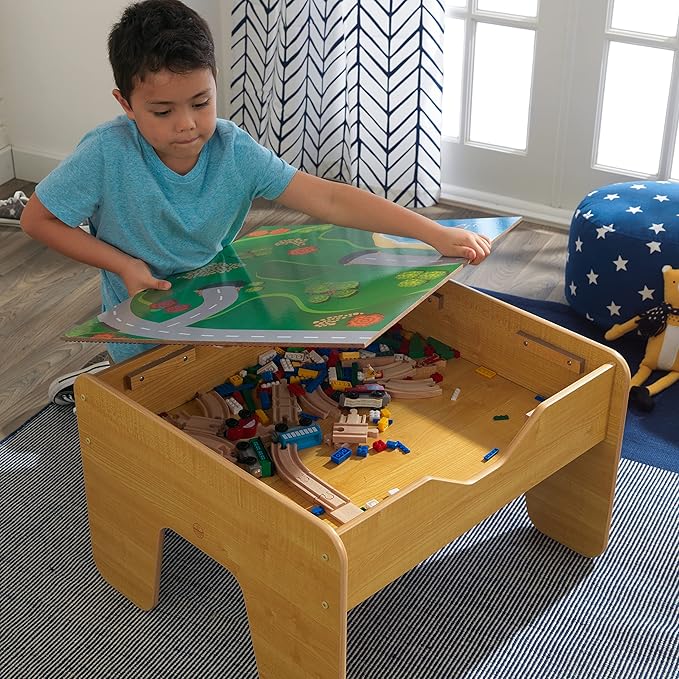 KidKraft 2-in-1 Reversible Top Activity Table with 200 Building Bricks and 30-Piece Wooden Train Set Natural Gift for Ages 3+