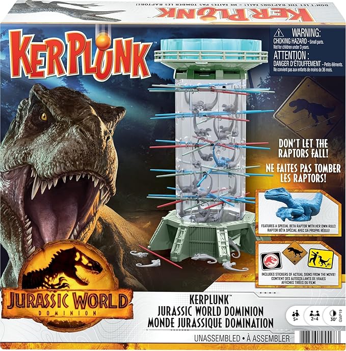 Mattel Games Jurassic World Dominion KerPlunk! Raptors Game with Tower Sticks and Toy Velociraptor Dinosaurs Toy and Collectible