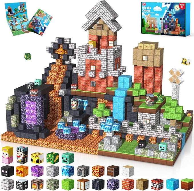 150PCS Magnetic Blocks - Magnet Building Blocks Stacking Magents Cubes Toys Forest Dark Castle Set STEM Montessori Sensory Toys for Kids Boys and Girls Ages 3 4 5 6 7 8 9 10 Easter Birthday Gifts