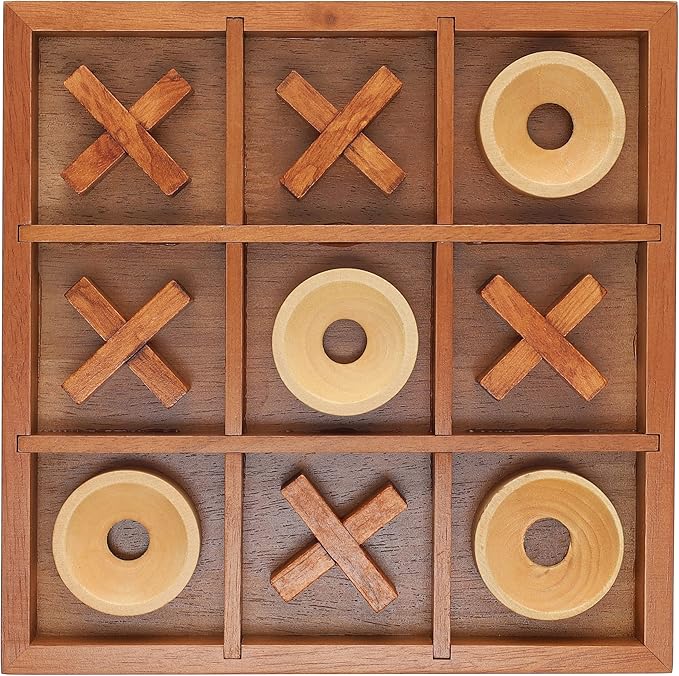 Wooden Tic Tac Toe Game – 9 Inch Solid Wood Board with X and O Pieces Decorative Coffee Table Game Classic Home Décor Accent
