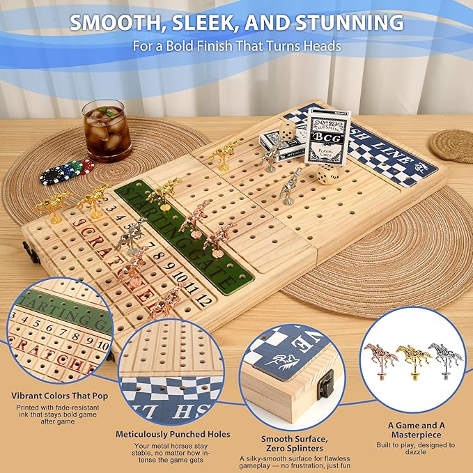 Horse Racing Board Game - 23x12 - Derby Classic Horse Race Game with 11 Metal Horses - Foldable Wood Horse Game with Dice Premium Chips &amp 2 Packs of Cards - Natural Wood
