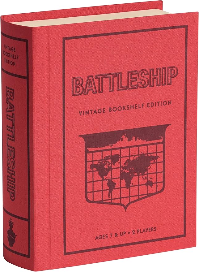 WS Game Company Battleship Vintage Bookshelf Edition Naval War Game Fabric-Wrapped Book Box Folding Battle Cases Vintage Display Board Games for 2 Players Ages 7+