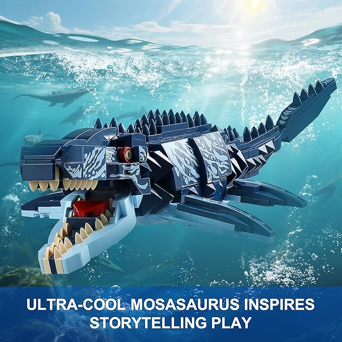 Dual Dinosaur Building Sets - Indominus Rex &amp Mosasaurus Dinosaur Toys with Poseable Joints STEM Educational Toys for Kids Ages 6-12 Creative Birthday Gifts for Boys and Girls