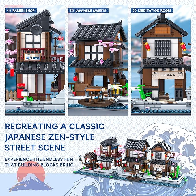 Traditional Japanese Cherry Blossom Village Building Set Sakura Street View Architecture Building Block - Izakaya &amp Tea House Collectible Construction Toy Gift for Adults &amp Anime Fans 2058P